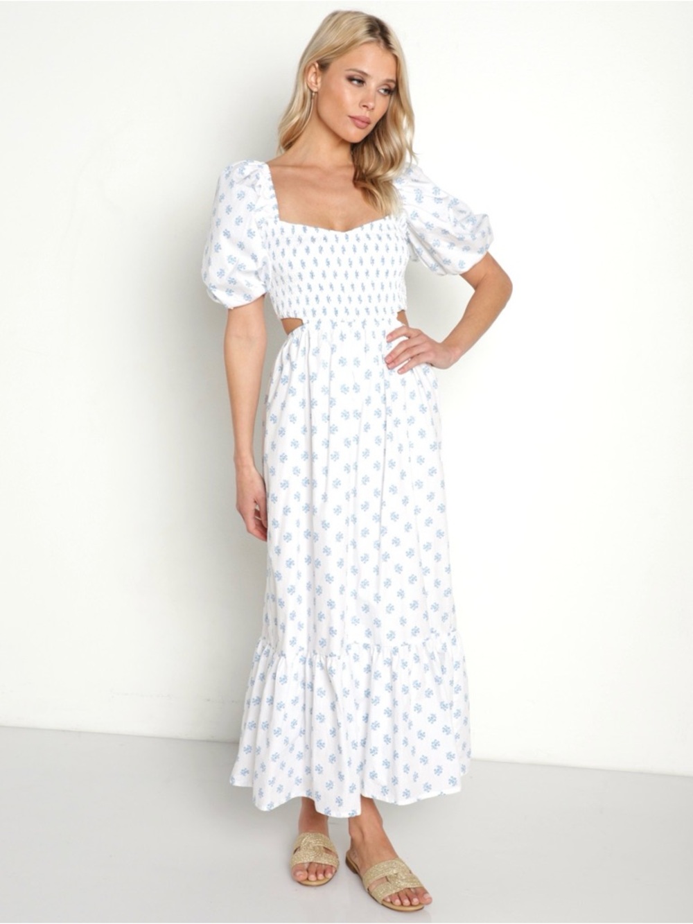 Faithfull the Brand White Maxi Dress with Light Blue Floral Print Sz S